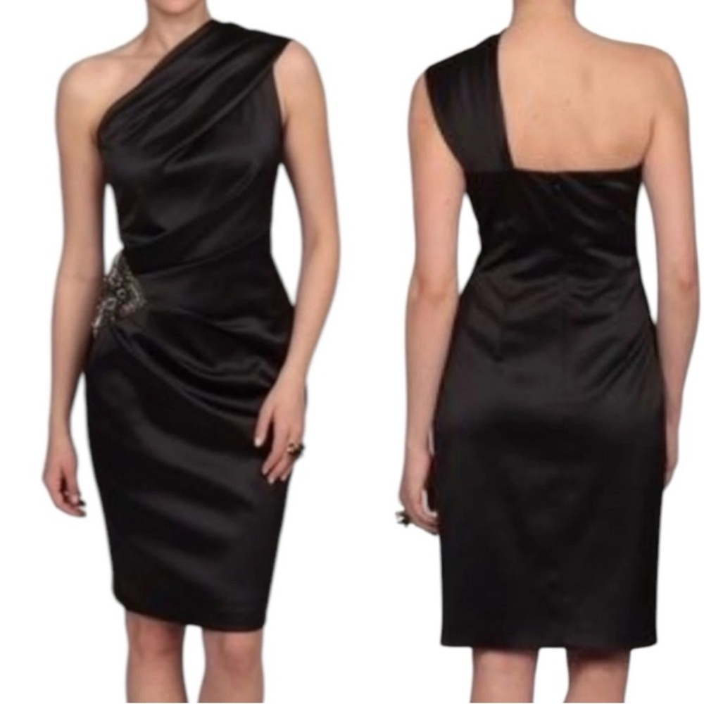 ELIZA J Black Satin One Shoulder Beaded Cocktail Dress Sz 8 Party Formal